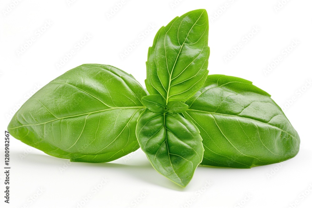 Fototapeta premium Fresh basil leaves arranged elegantly against a white background.