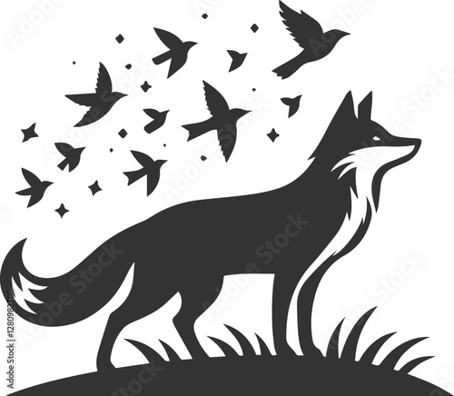 A fox watching birds fly overhead animal vector silhouette