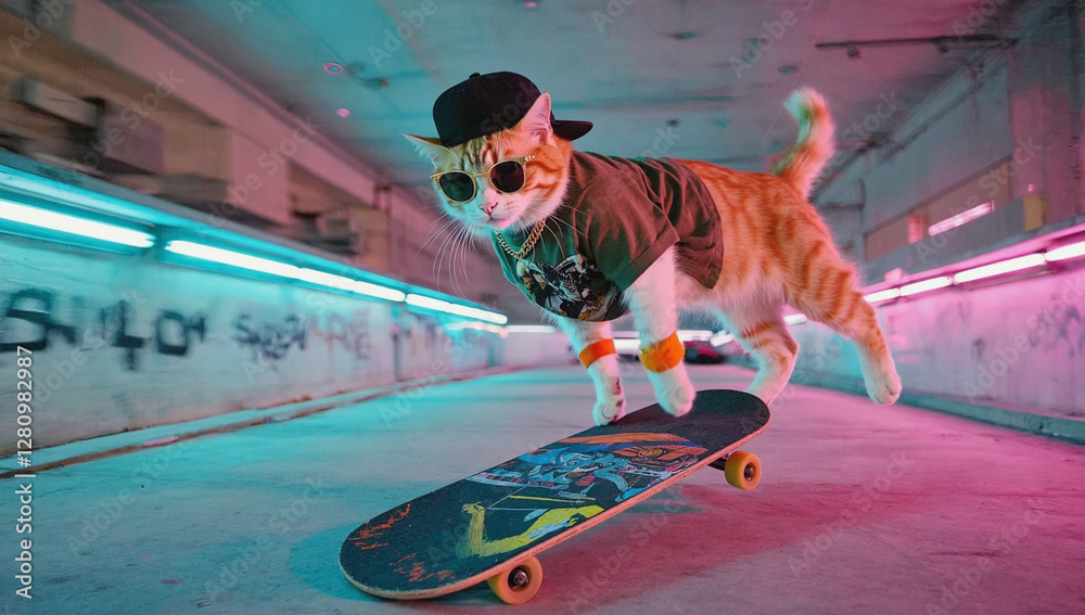 Obraz premium Skater cat in action with his skateboard
