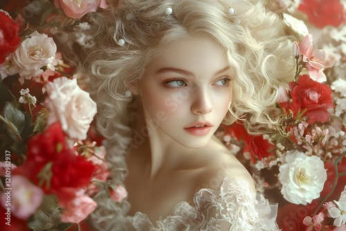 A beautiful blonde woman in a fantasy dress, surrounded by flowers. This is a fashion photography image with detailed facial features, beautiful fantasy-inspired hair and makeup, Generative AI