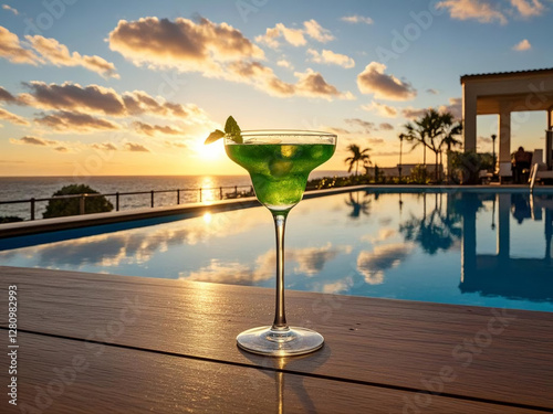 cocktail on the table near swimming pool and sunset cloud.
