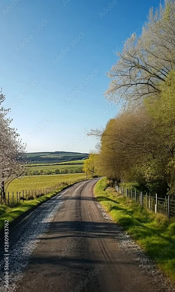 Scenic spring road lined with blooming trees and greenery Scenic spring road lined with blooming trees and greenery