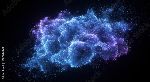 Cosmic blue and purple nebula cloud formation in deep space. Mystical galaxy dust particles with sparkling stars. Dark universe background for astronomy, science, and space themes
