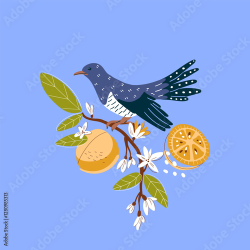 avian  songbird among blooming branches