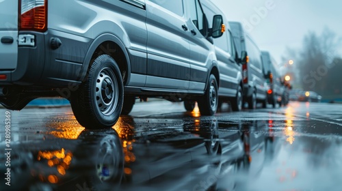 New white delivery vans parked on wet asphalt highlighting the logistics and transportation sector photo