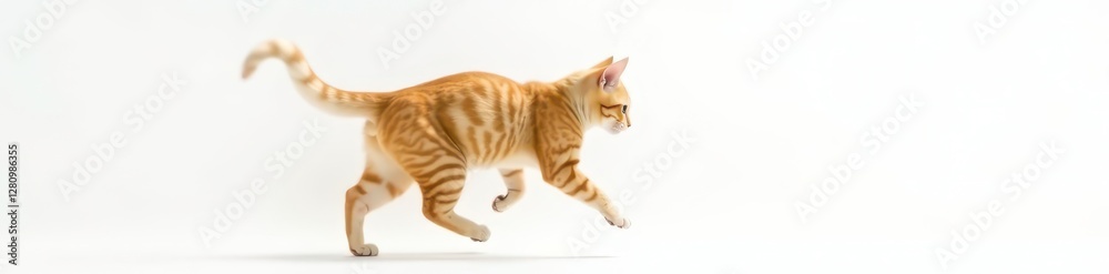 Obraz premium Side view of playful orange tabby cat in motion, white background, happy, pet