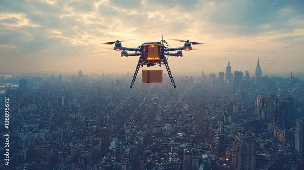 high tech drone flies over cityscape, delivering package at sunset, showcasing modern technology and urban innovation high tech drone flies over cityscape, delivering package at sunset, showcasing modern technology and urban innovation