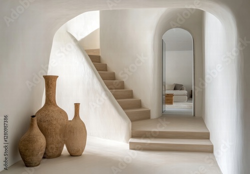 Fototapeta Naklejka Na Ścianę i Meble -  A white staircase leads to a room with a mirror and a vase