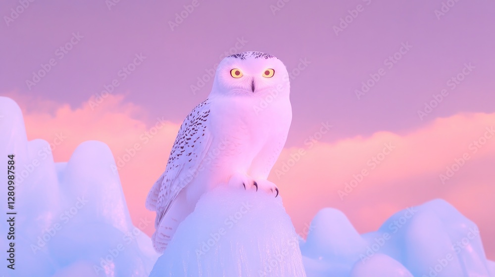 Obraz premium Majestic owl perched on snowy peak, illuminated by soft pastel s