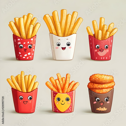 Cute Cartoon French Fries in Boxes Happy Meal Fast Food Illustration photo