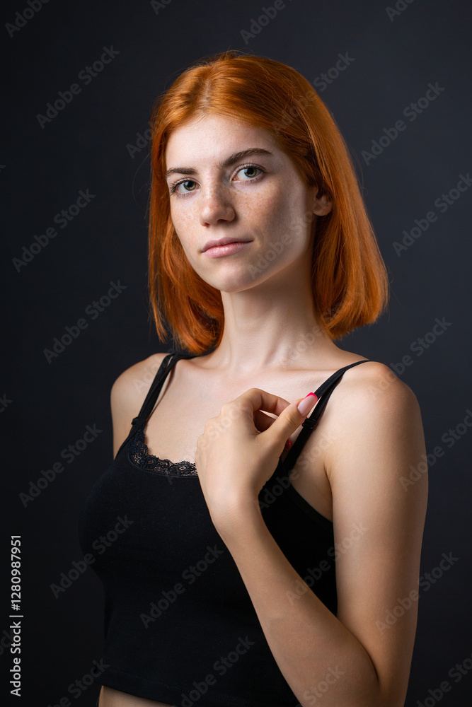 Fototapeta premium Cute red-haired girl, studio portrait on a black background.
