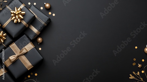 Black gift boxes adorned with golden ribbons and a blank card invite special offers for Black Friday sales on a dark backdrop