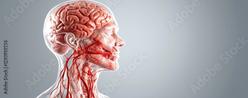 A detailed anatomical illustration showing a human head with visible brain and blood vessels, highlighting the complexity of the human circulatory and nervous systems.