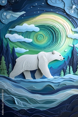 Polar Bear in Paper Cut-Out Landscape Under Swirling Sky