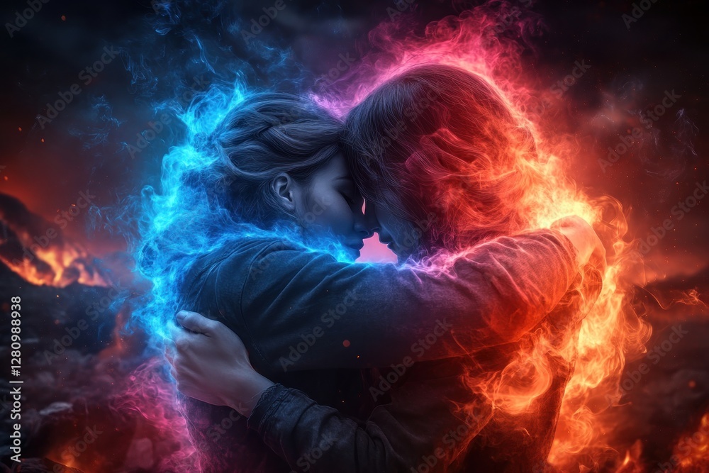 Experience profound connection and unwavering support with this abstract art print featuring two figures embracing with radiant warmth, symbolizing acceptance, embrace, and support The glowing style Experience profound connection and unwavering support with this abstract art print featuring two figures embracing with radiant warmth, symbolizing acceptance, embrace, and support The glowing style