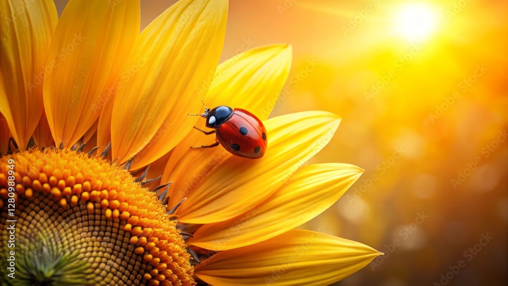 A vibrant ladybug delicately perched on a sunlit sunflower petal, bathed in the warm glow of a summer sunset, creating a picturesque scene of natural beauty. A vibrant ladybug delicately perched on a sunlit sunflower petal, bathed in the warm glow of a summer sunset, creating a picturesque scene of natural beauty.
