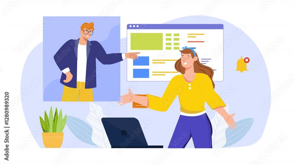 Flat-style scene animation showing a team discussing their daily tasks in a stand-up meeting, with characters providing updates and setting priorities for the day. Flat-style scene animation showing a team discussing their daily tasks in a stand-up meeting, with characters providing updates and setting priorities for the day.