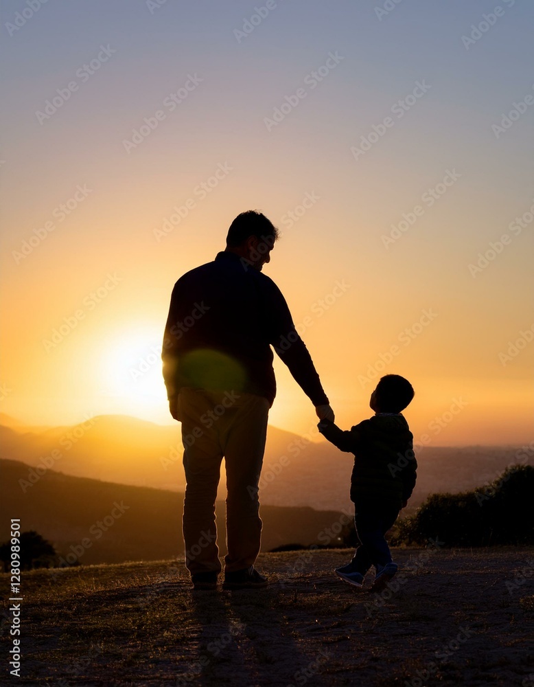 una silueta de un niño de la mano del padre, concepto del día del padre, con espacio para texto una silueta de un niño de la mano del padre, concepto del día del padre, con espacio para texto