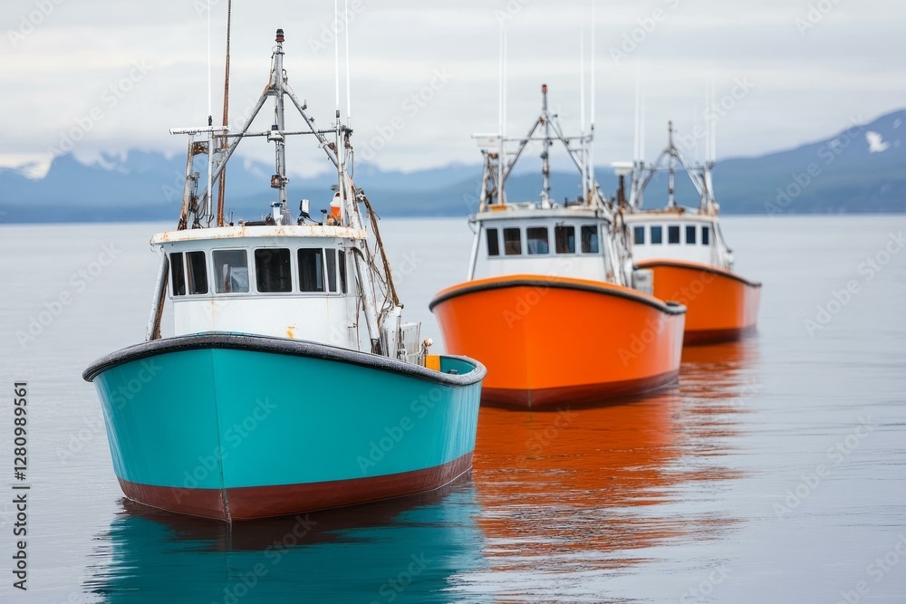Fishing boats docked on calm waters coastal landscape photography serene environment wide angle view