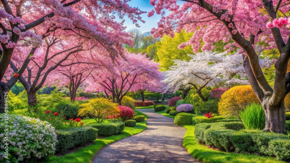 Colorful sakura trees surrounded by lush greenery and vibrant flowers in a serene garden atmosphere, floral arrangement, idyllic paradise Colorful sakura trees surrounded by lush greenery and vibrant flowers in a serene garden atmosphere, floral arrangement, idyllic paradise
