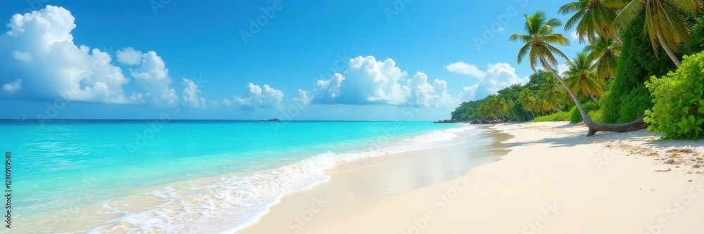 Azure sky over pristine sandy beach, turquoise waves , outdoor, beach Azure sky over pristine sandy beach, turquoise waves , outdoor, beach
