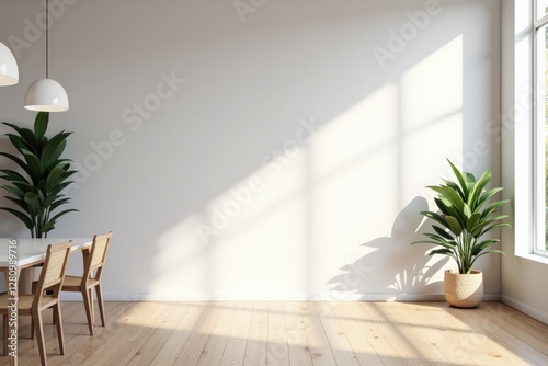 Wallpaper Mural Bright and Airy Dining Room with Sunlight Streaming Through Large Windows, Showcasing Minimalist Furniture and Lush Green Plants Torontodigital.ca