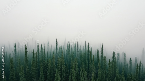 A misty landscape featuring tall evergreen trees shrouded in fog, creating a serene and mysterious atmosphere.