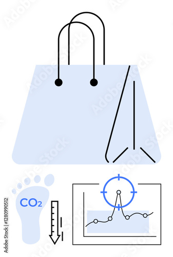 Shopping bag, carbon footprint icon, downward arrow, and data graph. Ideal for eco-consumerism, sustainability, data insights, emission tracking, green economy retail impact abstract line flat