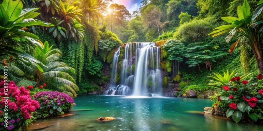 Majestic tropical waterfall backdrop with lush greenery and exotic flowers Majestic tropical waterfall backdrop with lush greenery and exotic flowers
