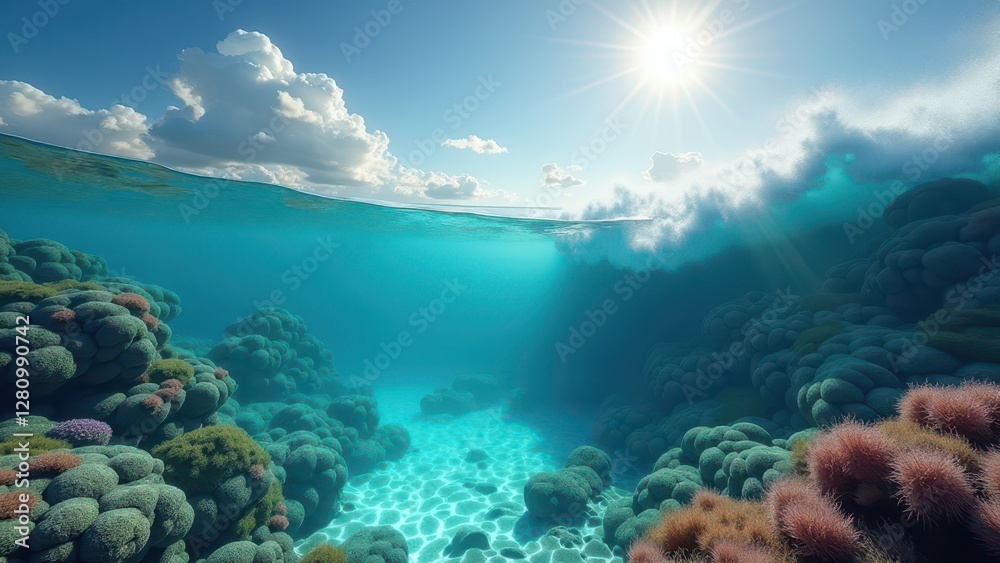 Fototapeta premium Underwater view of coral reef affected by bleaching in clear shallow water 