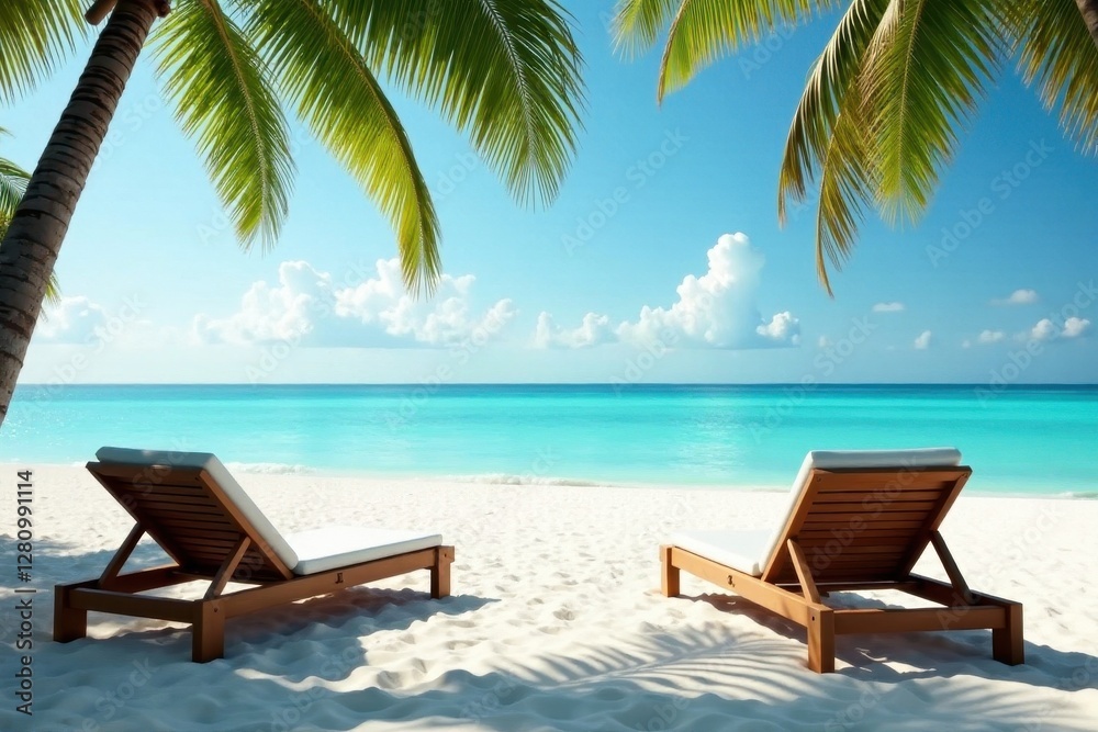 Relaxing tropical beach scene Lounge chairs, palm trees, calm turquoise sea , sunlight, vacation vibes Relaxing tropical beach scene Lounge chairs, palm trees, calm turquoise sea , sunlight, vacation vibes