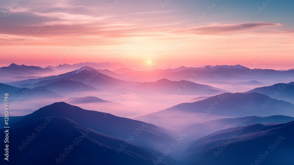 Fototapeta premium Serene Sunrise Over Majestic Mountain Range and Misty Valley