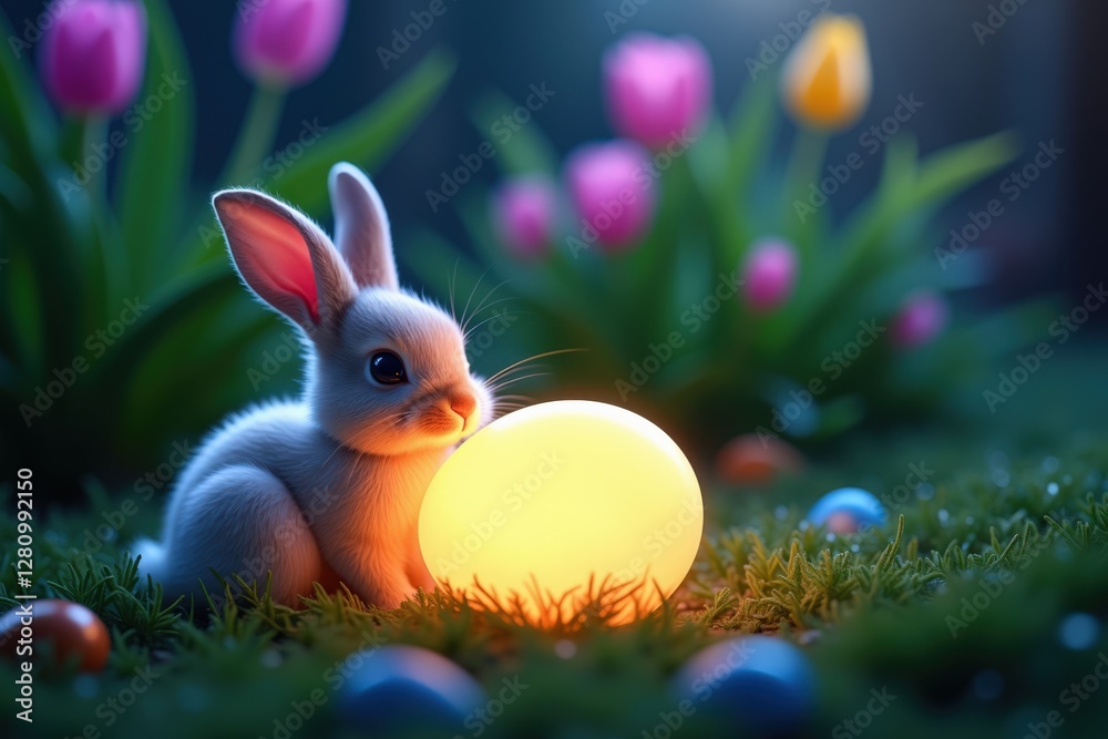 Fototapeta premium A Curious Young White Bunny Sitting Next to a Glowing Yellow Easter Egg Surrounded by Colorful Tulips and Easter Eggs in a Lush Green Garden During Springtime