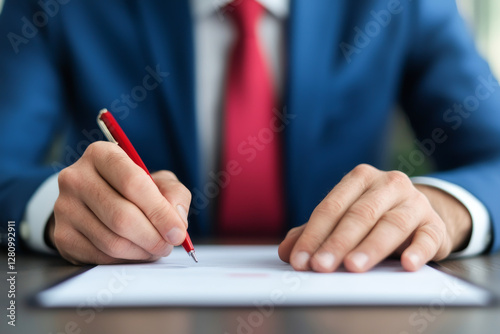 A professional man writing on a blank sheet with a red pen in a corporate environment.