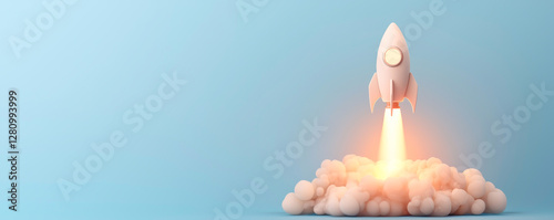 A rocket launching into the sky amid a cloud of smoke and bright flame.