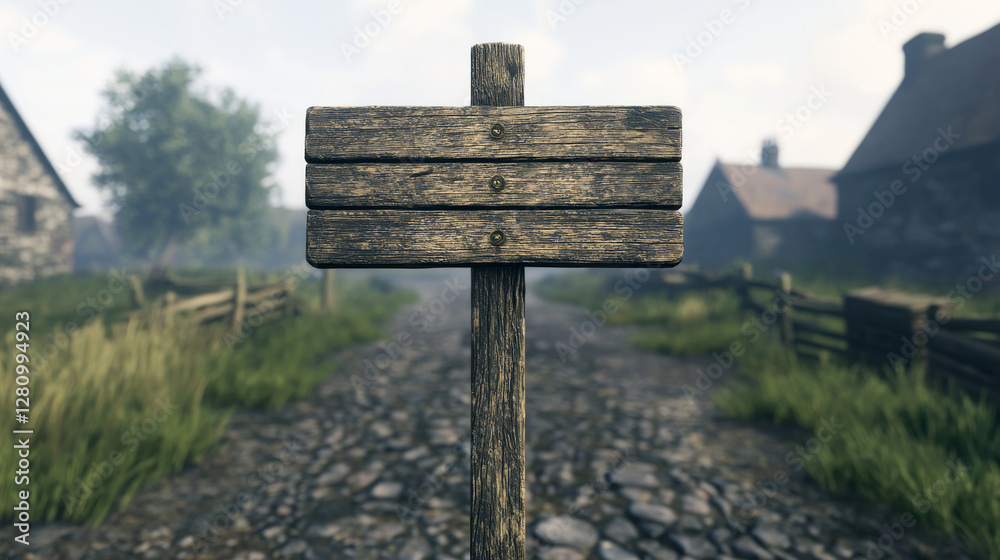 A rustic wooden signpost stands on a quiet path surrounded by greenery. A rustic wooden signpost stands on a quiet path surrounded by greenery.