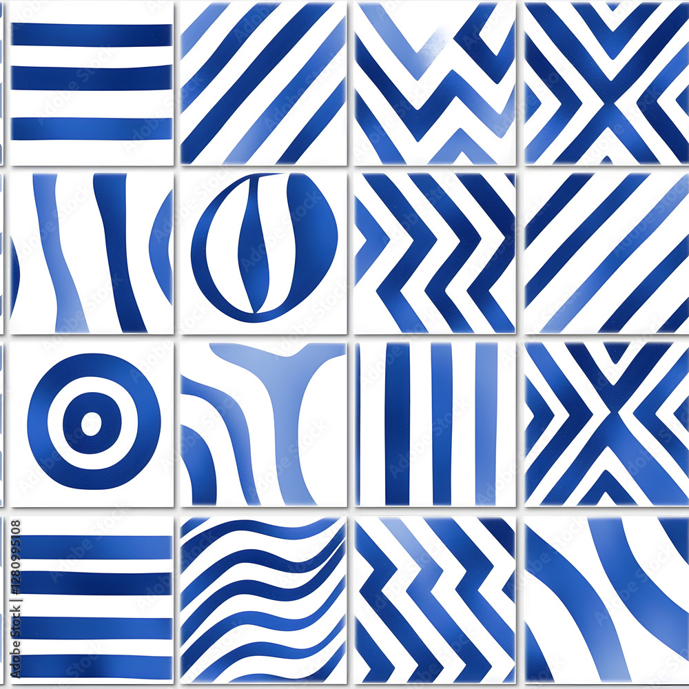 Obraz premium Blue and white tile geometric shapes pattern