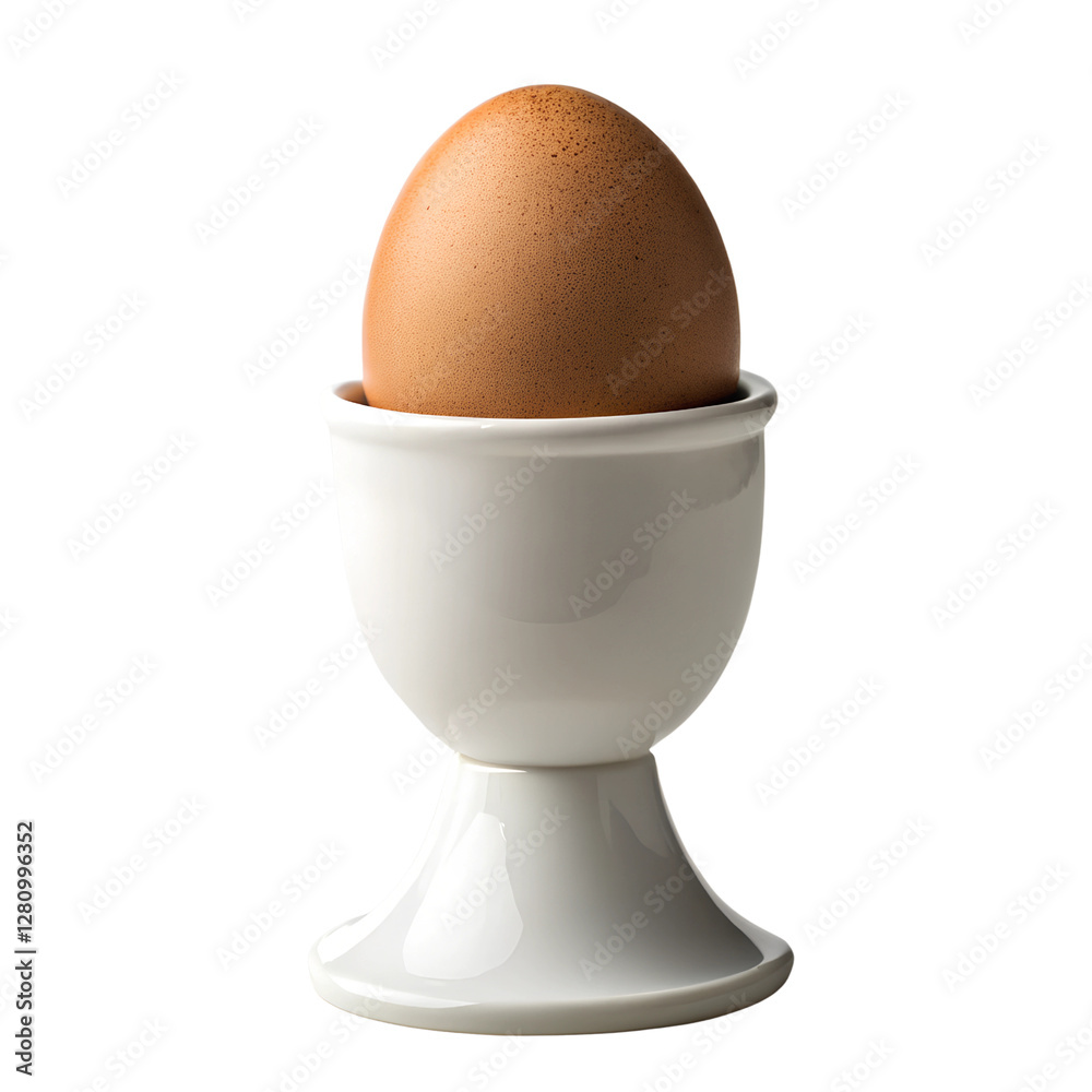 A single brown egg sits perfectly centered in a white ceramic egg cup on black. Isolated on a transparent background, PNG. A single brown egg sits perfectly centered in a white ceramic egg cup on black. Isolated on a transparent background, PNG.