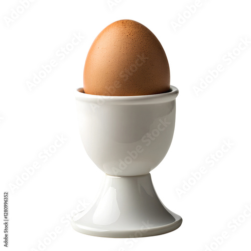 A single brown egg sits perfectly centered in a white ceramic egg cup on black. Isolated on a transparent background, PNG.