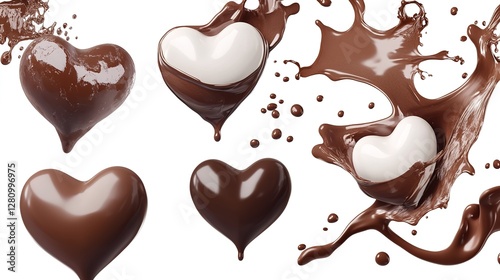 Set of three heart-shaped chocolate and milk drops isolated on a transparent background, cutout, PNG file, vector illustration for design, close-up.