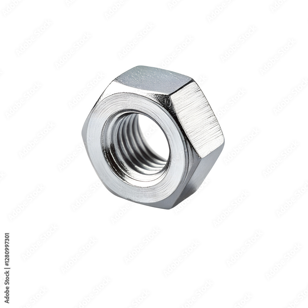 Shiny hex nut, showcasing threading and geometric shape. Isolated on a transparent background, PNG. Shiny hex nut, showcasing threading and geometric shape. Isolated on a transparent background, PNG.