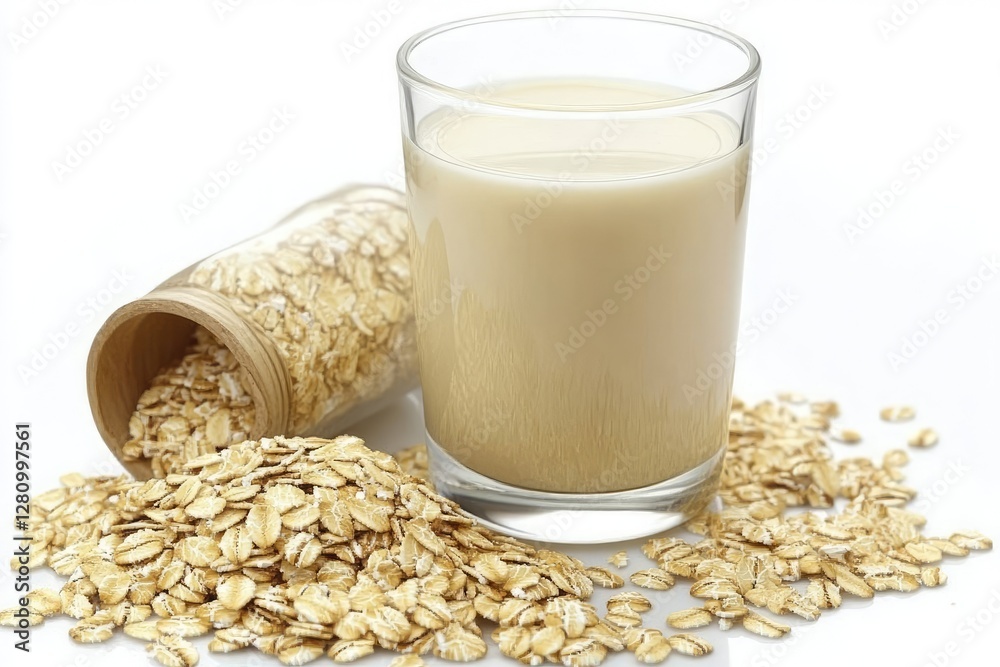 Oat milk in a glass with oats spilling from a jar Oat milk in a glass with oats spilling from a jar