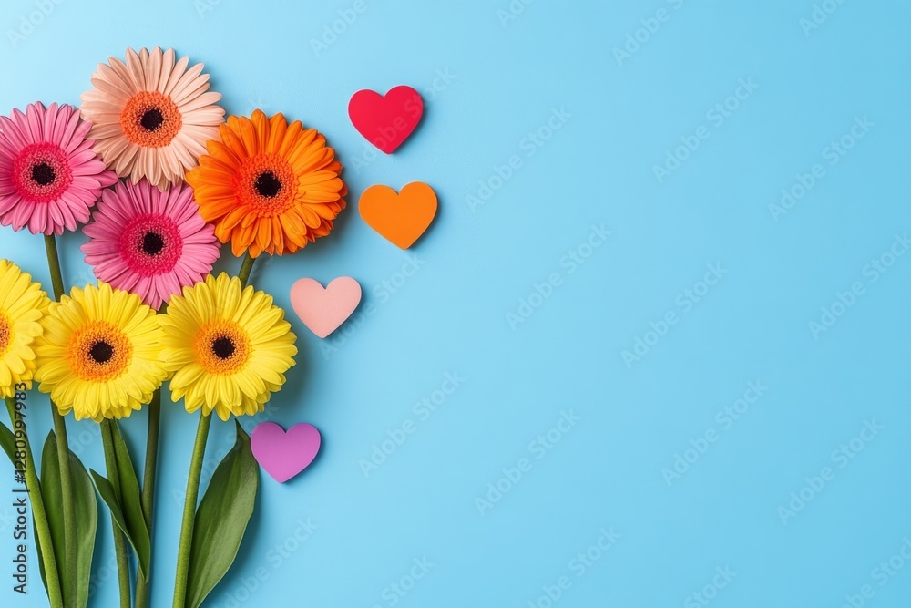 flowers arranged on a blue background with hearts placed on them flowers arranged on a blue background with hearts placed on them