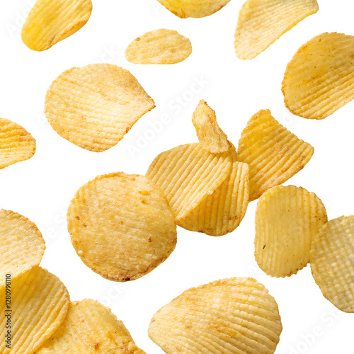 Scattered Ruffled Crisps: A snack of golden ridged chips floating Isolated on a transparent background, PNG.