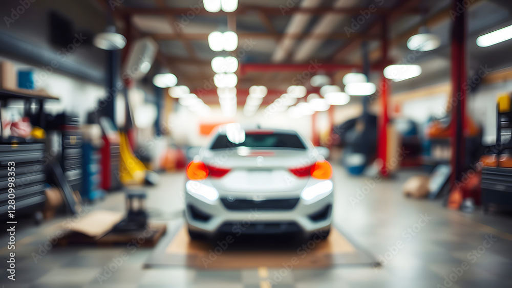 Obraz premium Automotive repair garage with cars on lifts, showcasing vehicle maintenance, repairs, servicing, and professional car, blured workshop environments.