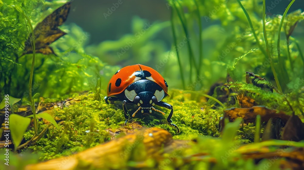 Obraz premium Macro Photography of Ladybug on Moss, Vivid Green Nature Scene