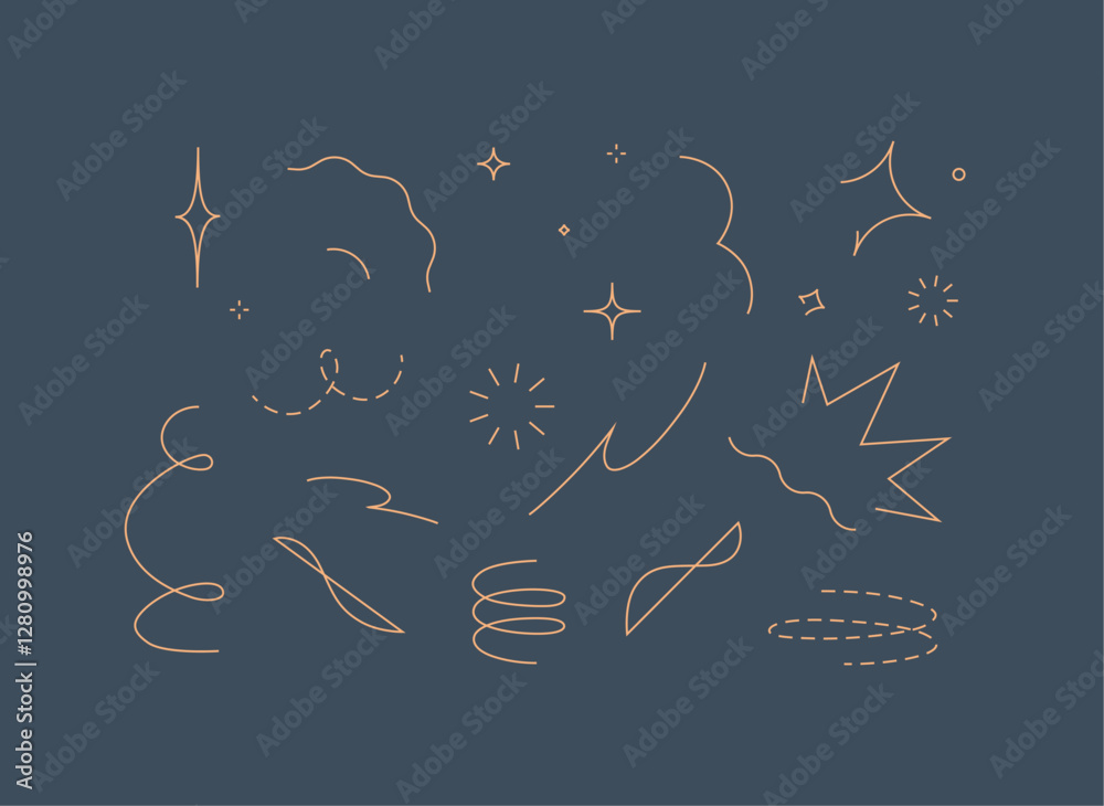 Star line doodle design elements drawing with beige on blue background