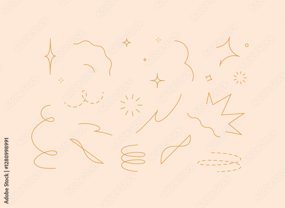 Star line doodle design elements drawing on beige background