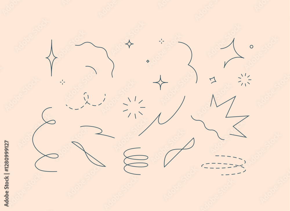 Star line doodle design elements drawing with blue on beige background