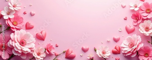 Pink floral wreath, hearts, soft pink background Plenty of copy space , top view, love, delicate